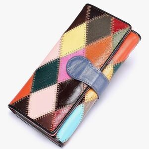 🆕 Genuine Leather Patchwork Wallet for Women Multicolor Trifold Wallets Ladies